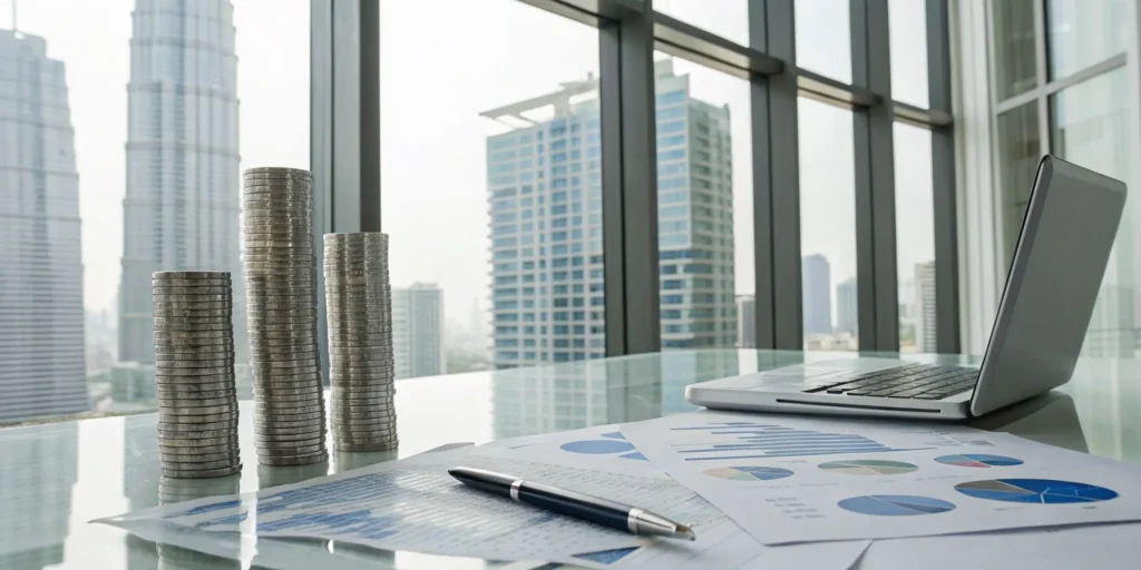 Laptop with financial charts analyzing the cost of a fractional CFO for a real estate business.