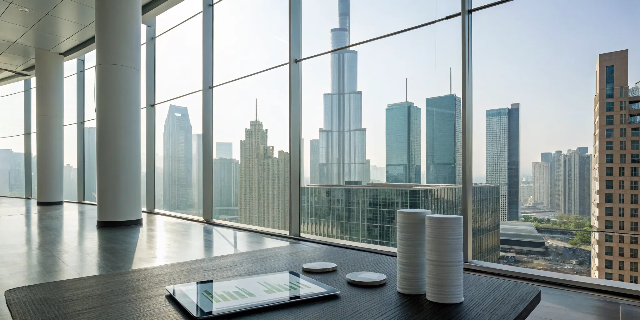 A fractional CFO for real estate analyzes financial charts on a tablet in a modern office.