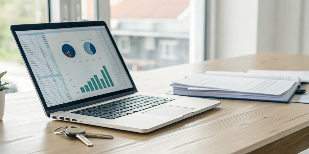 A free rental property bookkeeping template on a laptop screen.