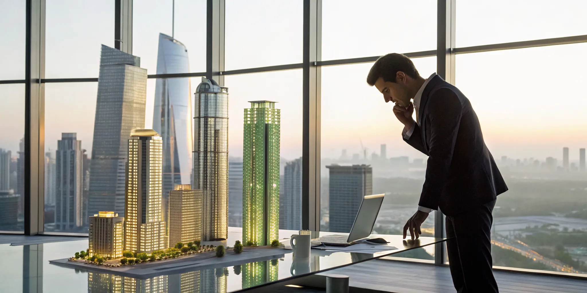 A CFO plans a real estate portfolio's growth using financial models on a laptop.