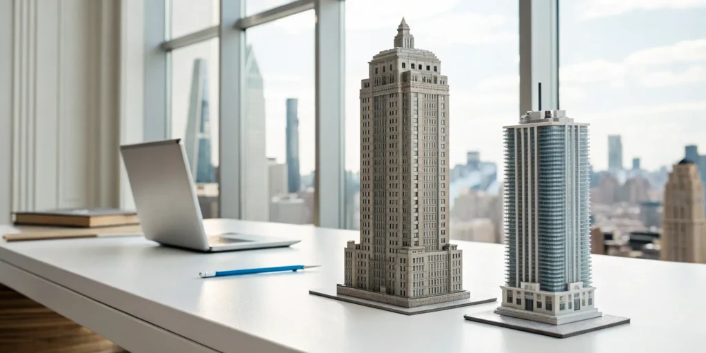 Planning the costs of a real estate 1031 exchange with a laptop and skyscraper models.