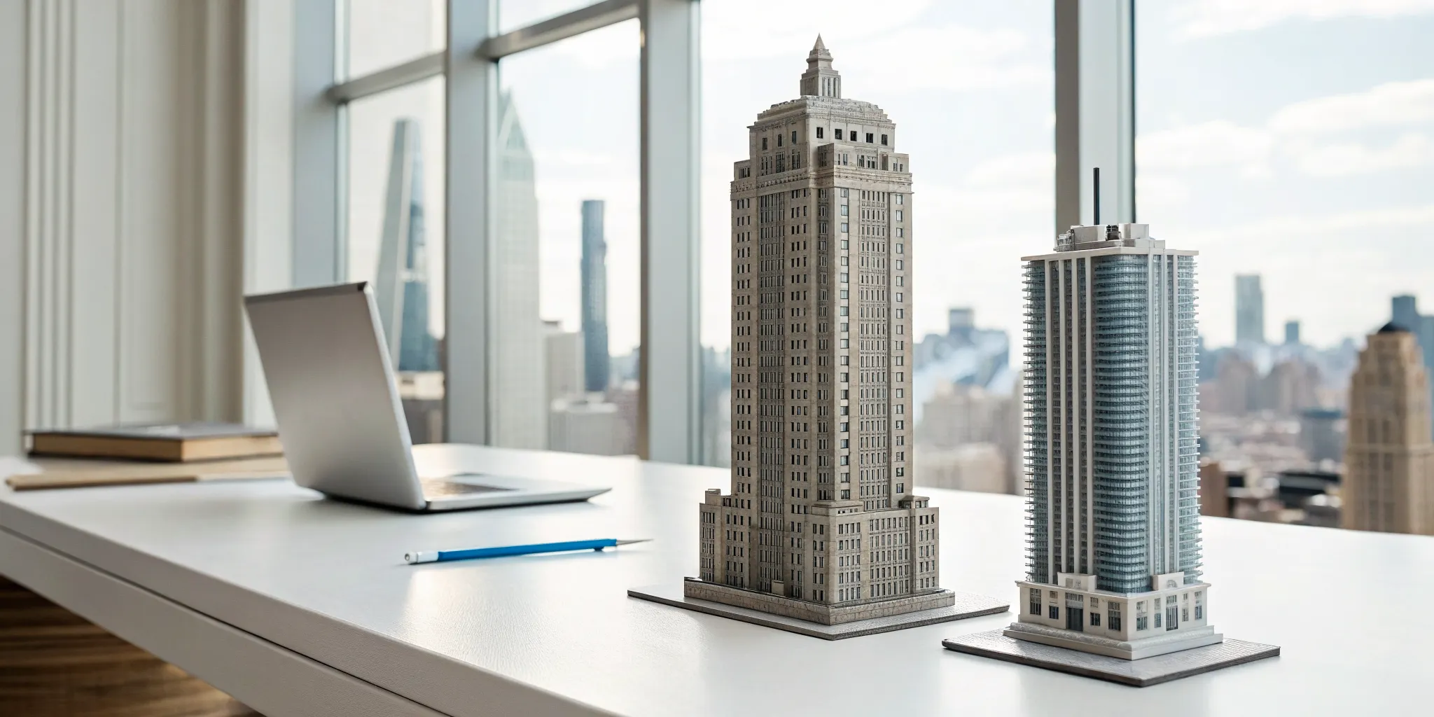 Planning the costs of a real estate 1031 exchange with a laptop and skyscraper models.