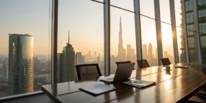 Analyzing real estate portfolio performance on a laptop with documents in an office overlooking a city.