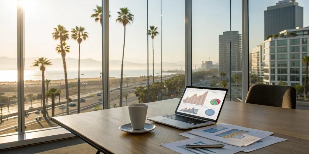 Laptop displaying KPIs for developing real estate in California, with a city view.