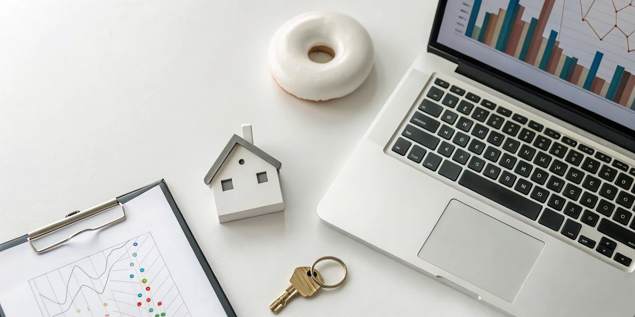 A landlord's desk with a laptop and financial charts for doing rental property accounting.