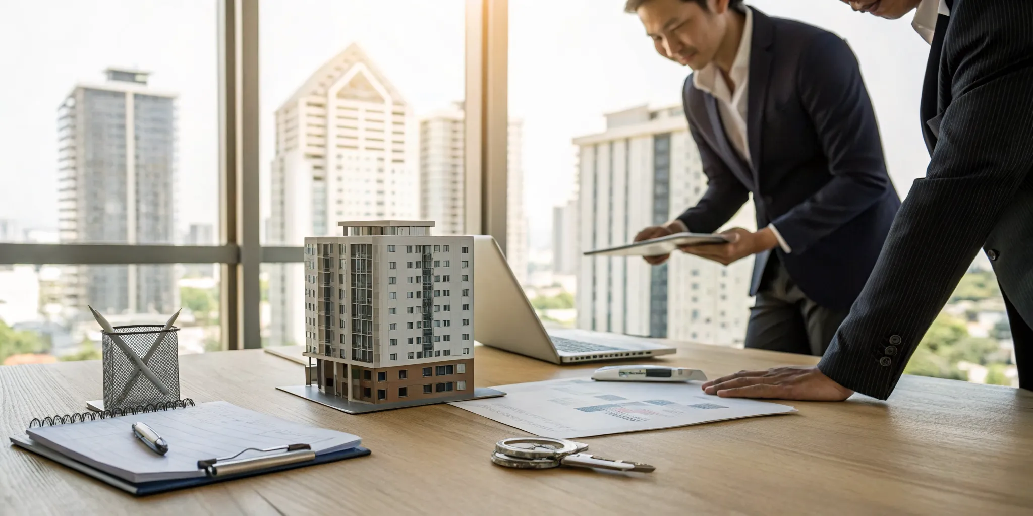 A CPA for real estate investors reviews investment documents and a building model with a client.