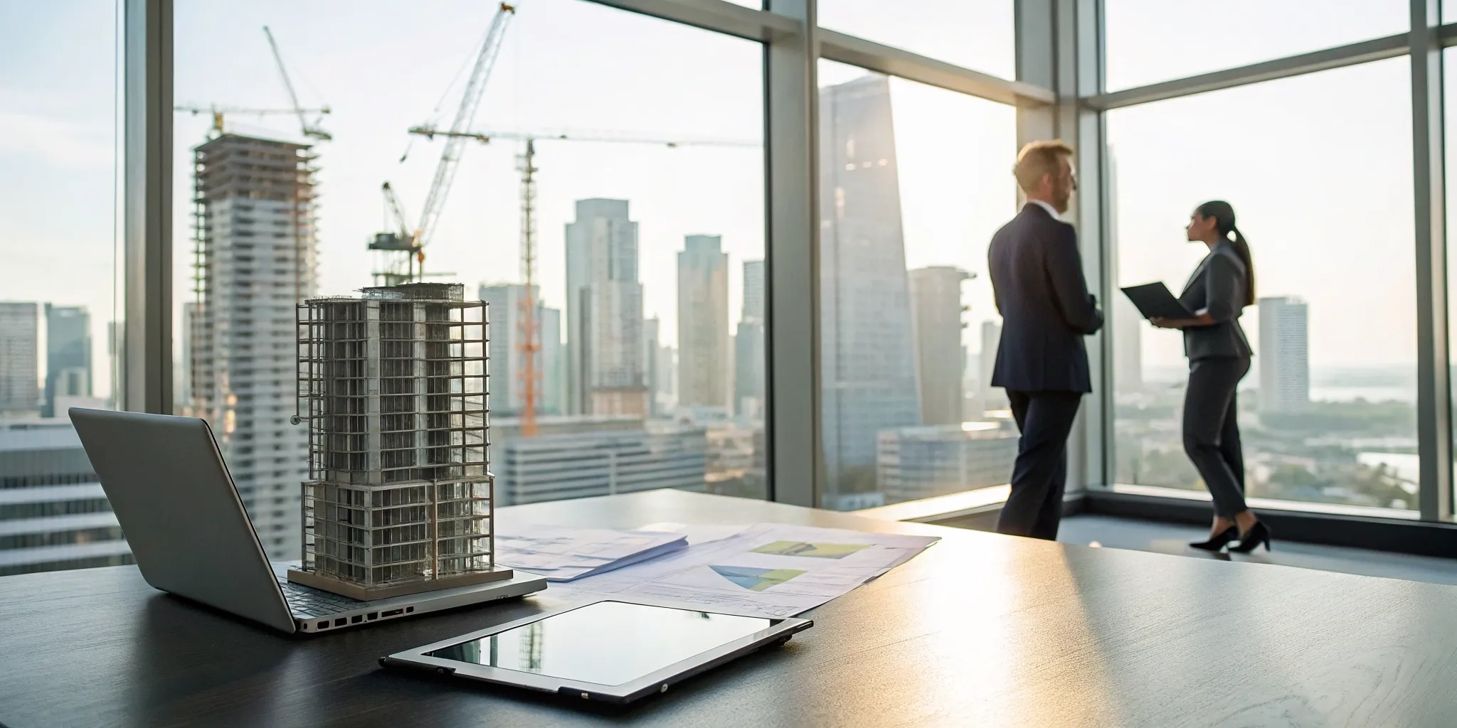 A part-time CFO for a real estate business reviews financial documents with a building model on the desk.