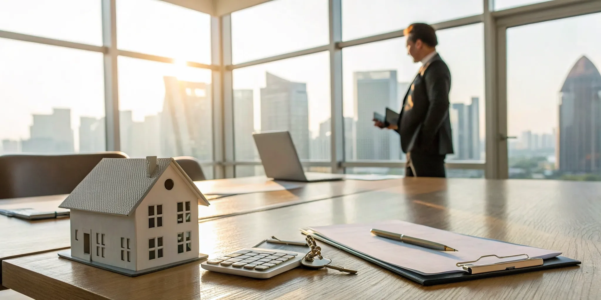 A desk with a house model, calculator, and documents for hiring a real estate tax advisor.