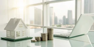 Planning how to minimize capital gains tax on real estate with a model house, coins, and a laptop.