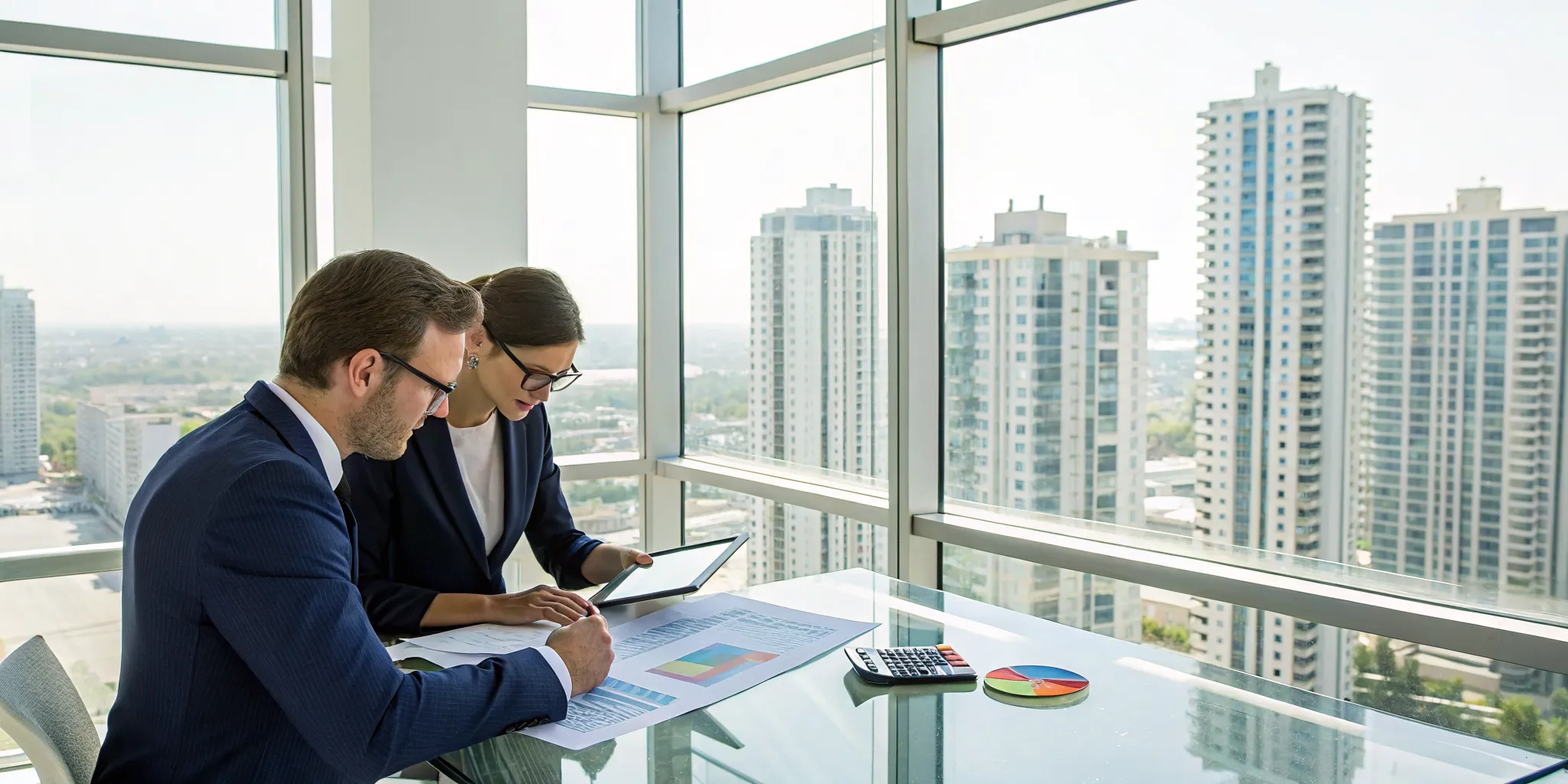 Tax advisors for real estate investors reviewing documents to plan tax savings.