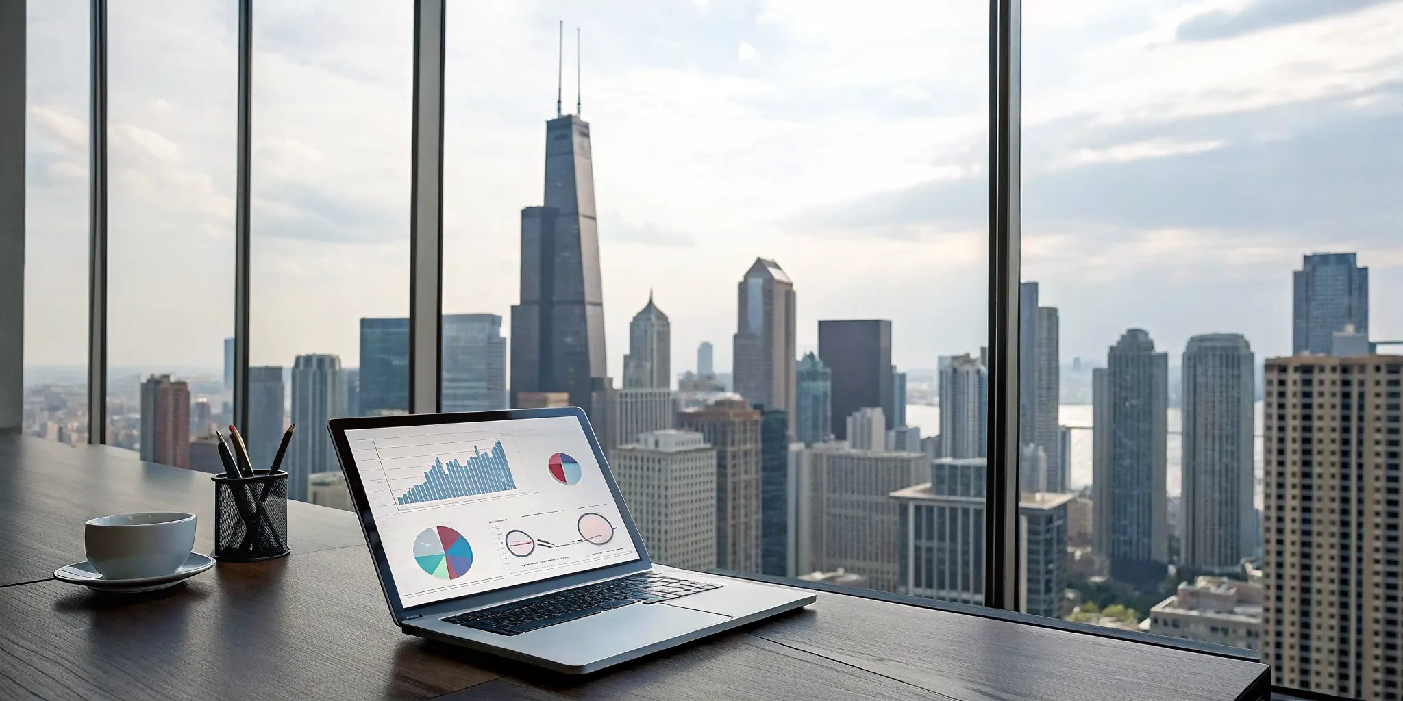 Cash flow analysis for Illinois real estate on a laptop with the Chicago skyline in the background.