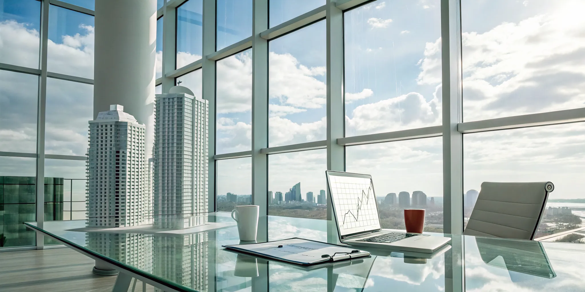 Real estate CFO services for cash flow management with a graph and building models on a desk.