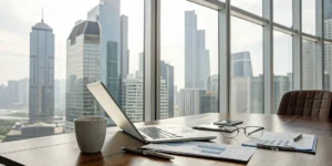 Laptop and financial reports for real estate investment CPA services with a city view.