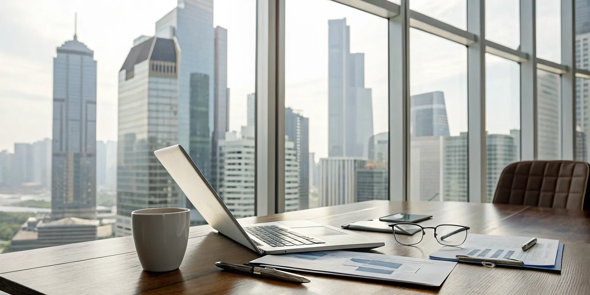 Laptop and financial reports for real estate investment CPA services with a city view.