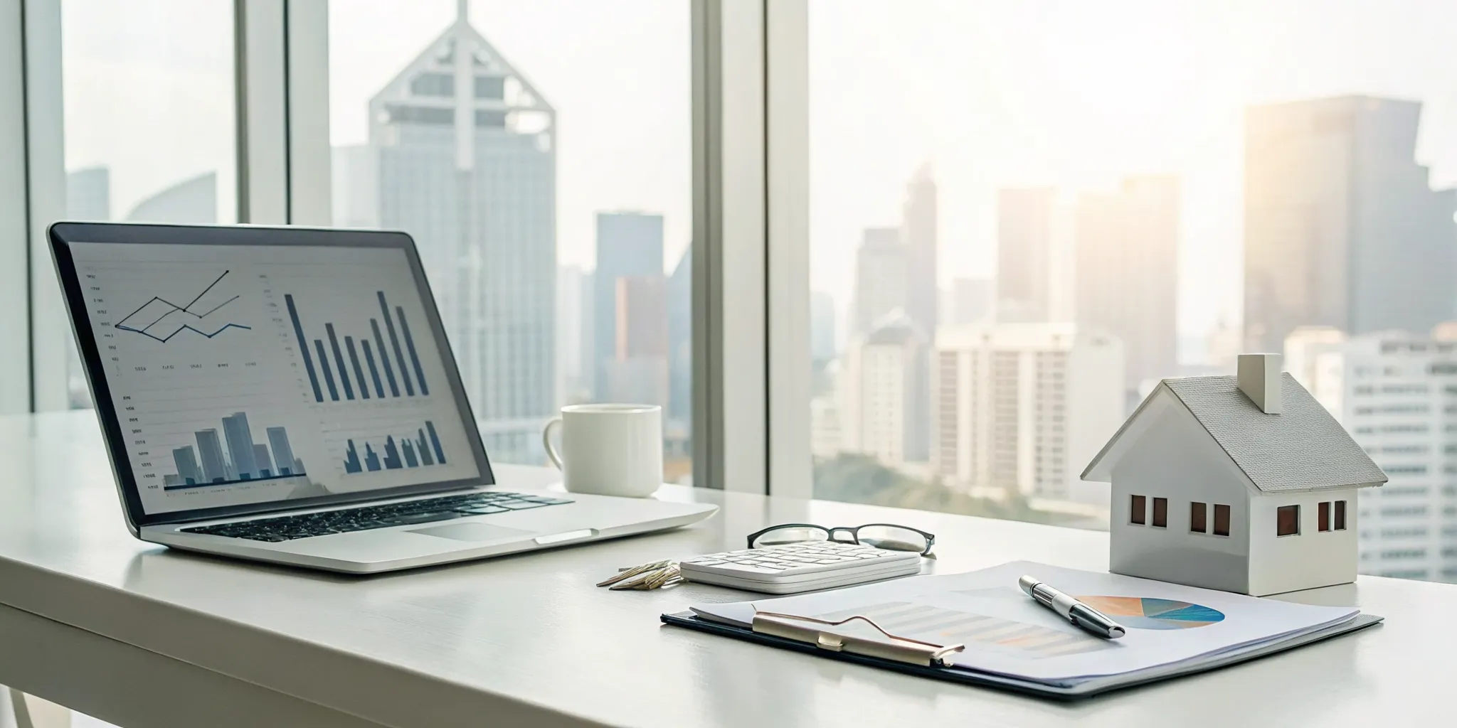 Analyzing rental property profitability on a laptop with a calculator and a small house model.