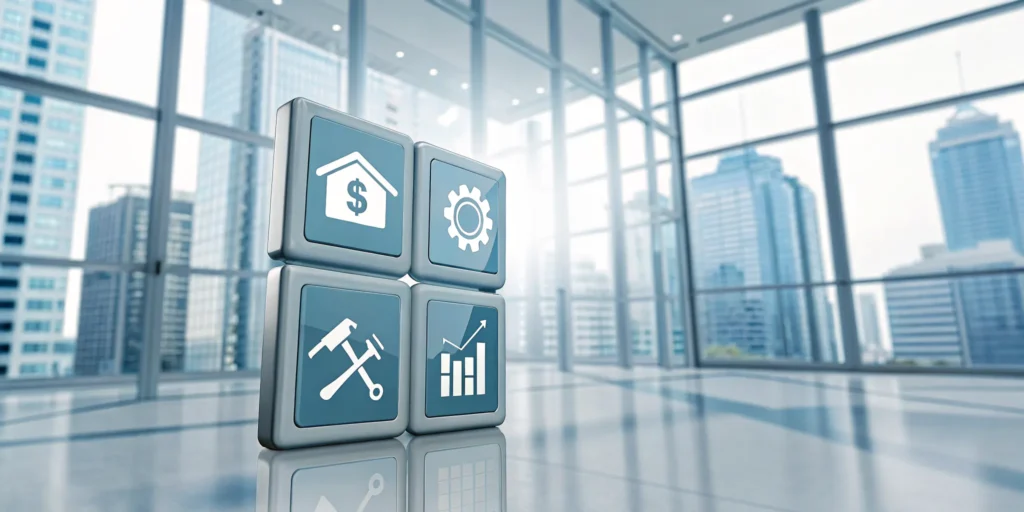 Cubes with icons representing key metrics for rental property analysis and financial growth.