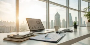 Accounting for property investors shown on a laptop with financial reports on an office desk.