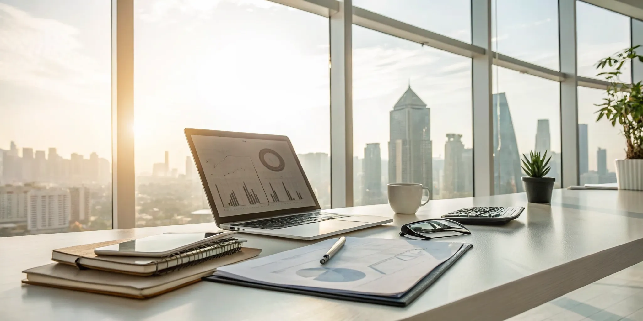 Accounting for property investors shown on a laptop with financial reports on an office desk.