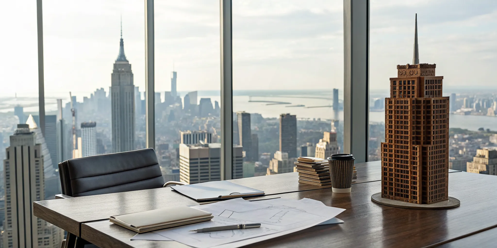 A New York real estate investor's desk with tax planning documents and a building model.