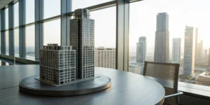 Architectural models of office buildings on a conference table for 1031 exchange solutions.