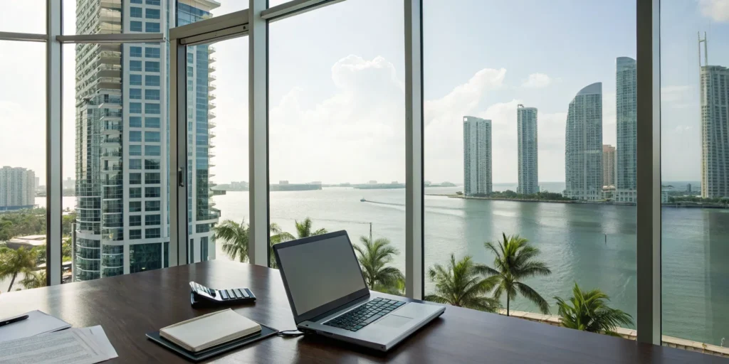 A CPA for real estate investors in Florida reviews financial documents in a high-rise office.