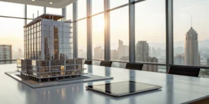 Architectural model of a commercial building being reviewed for a real estate cost segregation study.