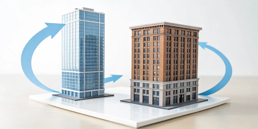Diagram showing what a reverse 1031 exchange is using model buildings and arrows.