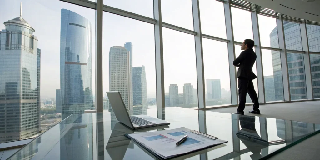 Real estate CFO consultant planning a tax strategy with financial documents for portfolio growth.