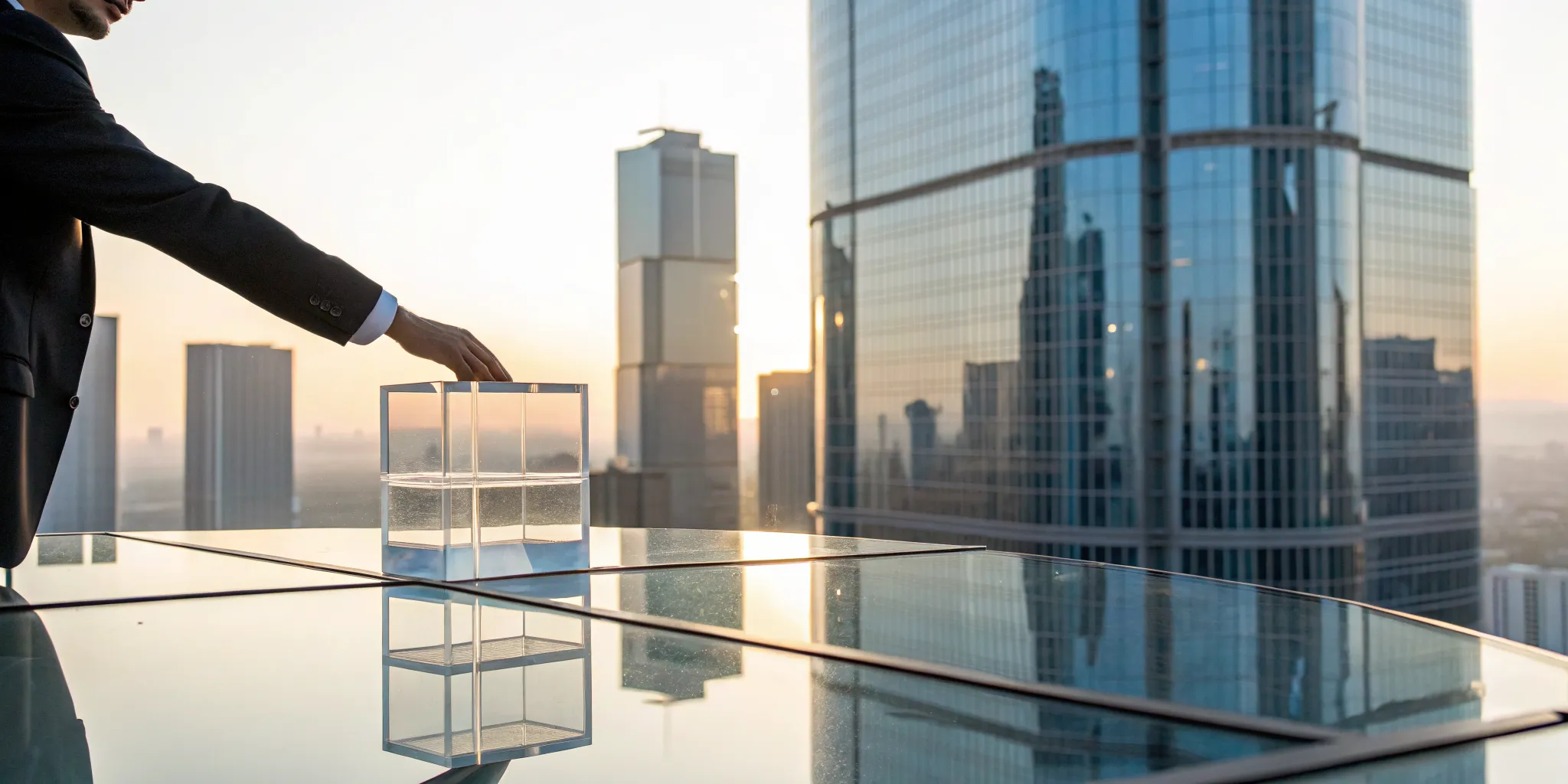 Businessperson selecting a secure qualified intermediary for a 1031 exchange over a city skyline.