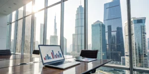 An outsourced CFO for real estate reviews financial charts on a laptop in a modern city office.