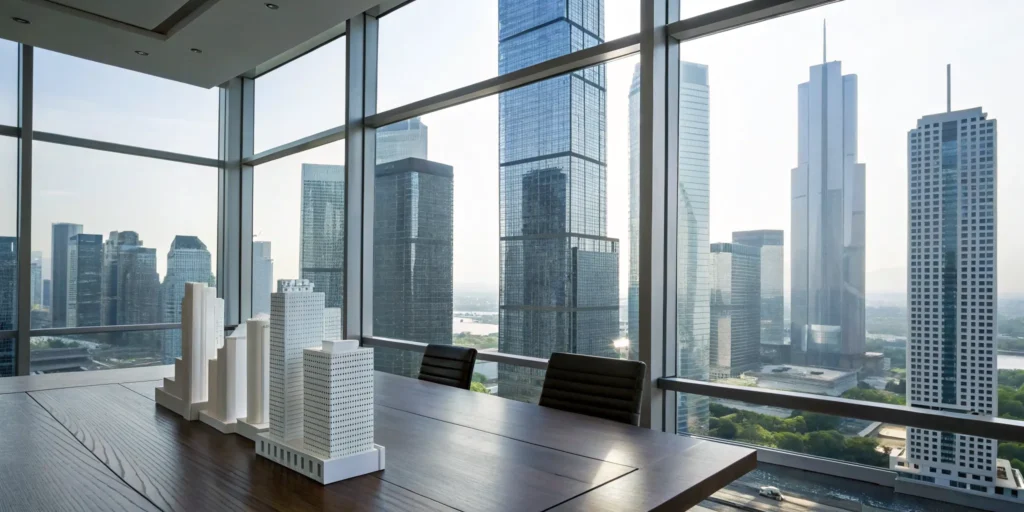 Modern office with architectural models for outsourced CFO services for a real estate portfolio.