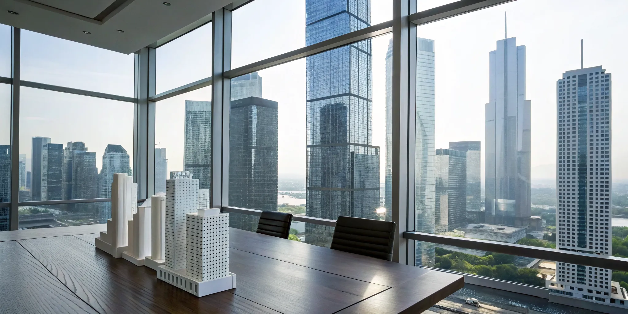 Modern office with architectural models for outsourced CFO services for a real estate portfolio.