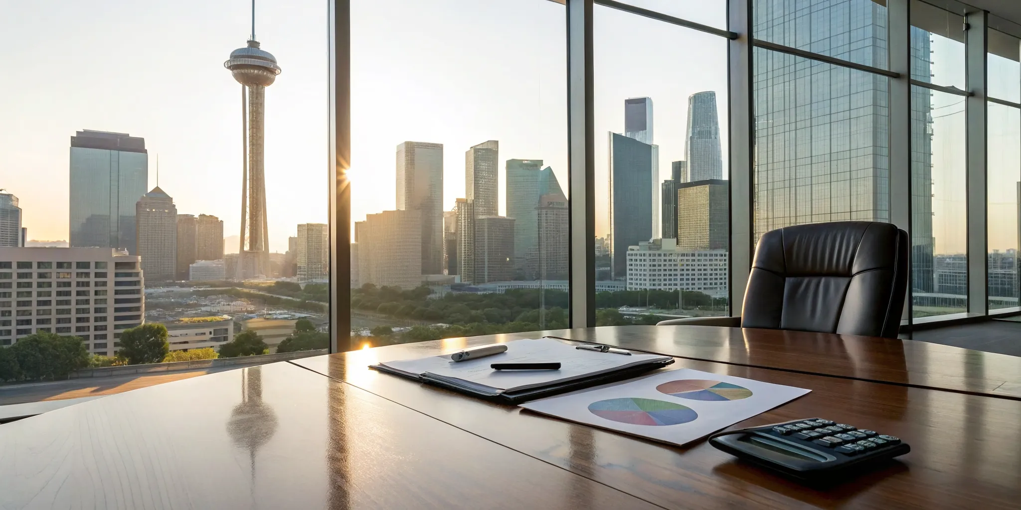 Desk of a 1031 exchange accountant in Texas with a calculator and charts.