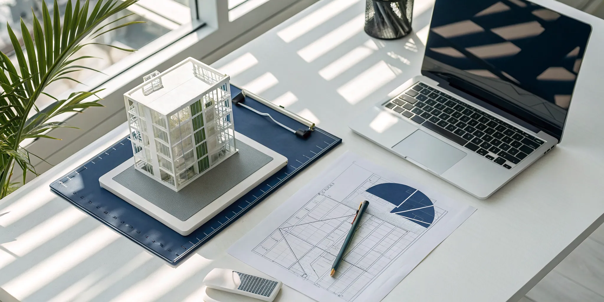 Planning real estate tax advisory strategies with blueprints and an architectural model.