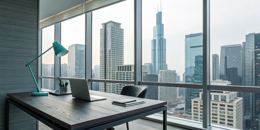 1031 exchange tax planning with a laptop and paperwork in a modern office with a city view.