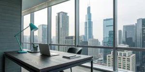1031 exchange tax planning with a laptop and paperwork in a modern office with a city view.