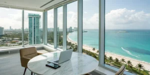 A Florida real estate accounting firm's office with a laptop and an ocean view.