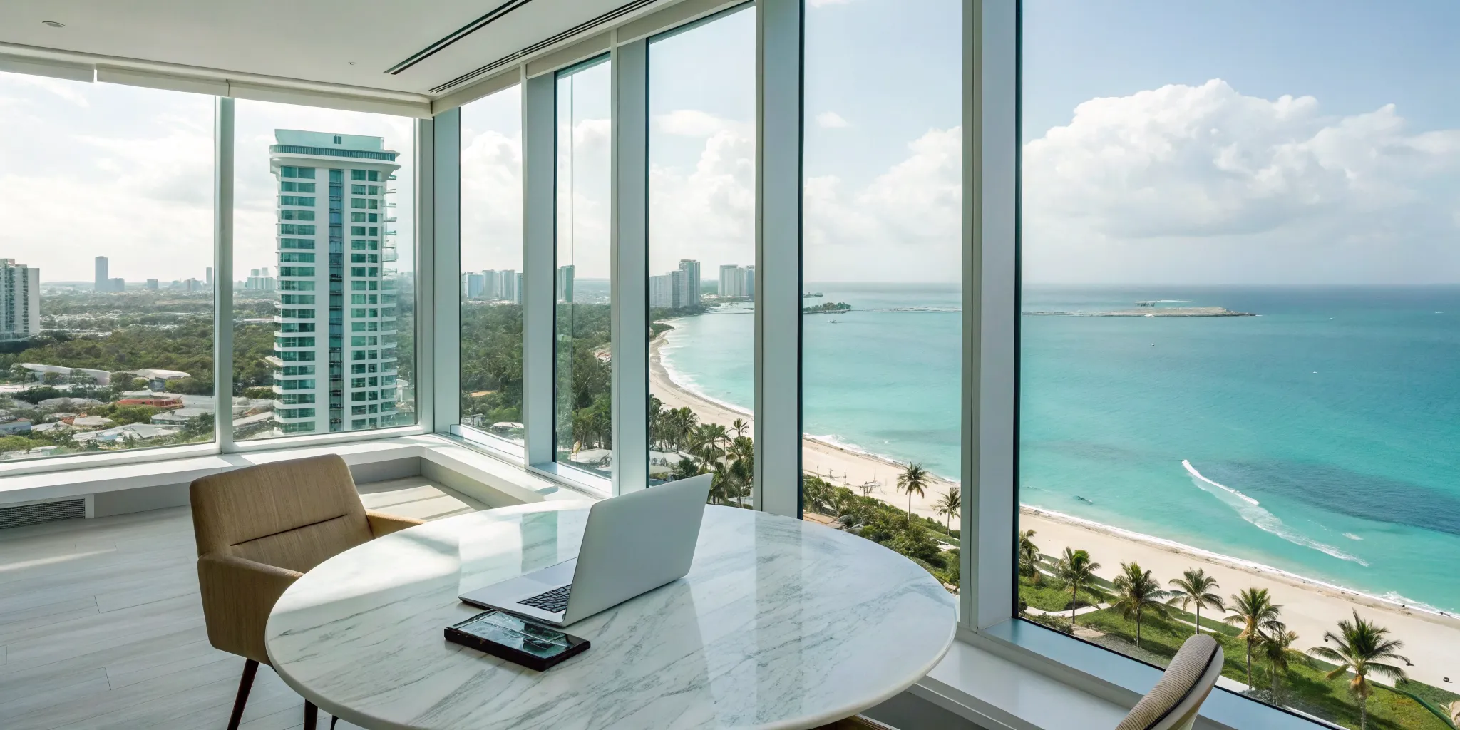 A Florida real estate accounting firm's office with a laptop and an ocean view.