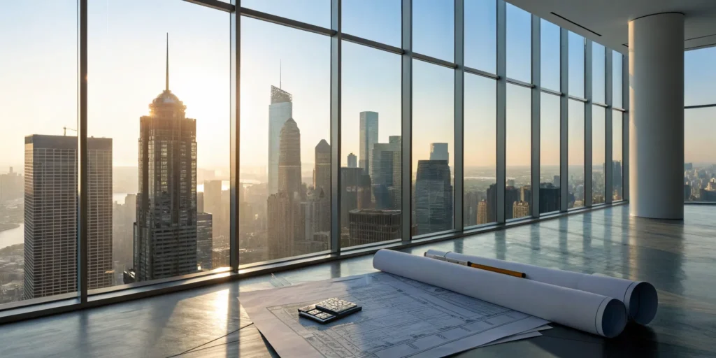 Real estate blueprints and a calculator for planning wealth building strategies.