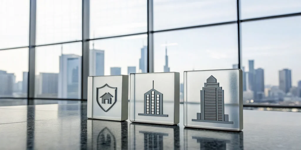 Icons of real estate tax advisor services for investors in front of a city skyline.