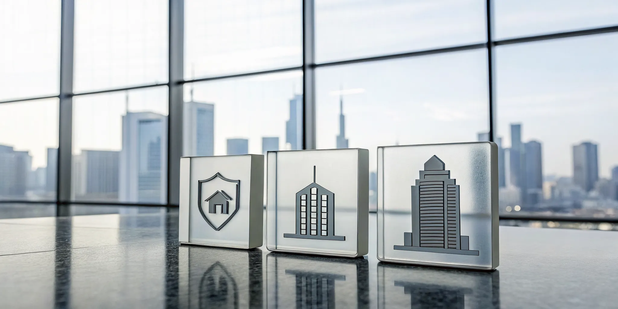 Icons of real estate tax advisor services for investors in front of a city skyline.