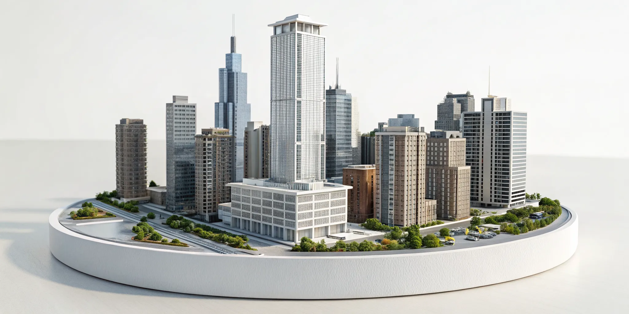 Miniature city model for planning real estate financial growth strategies.