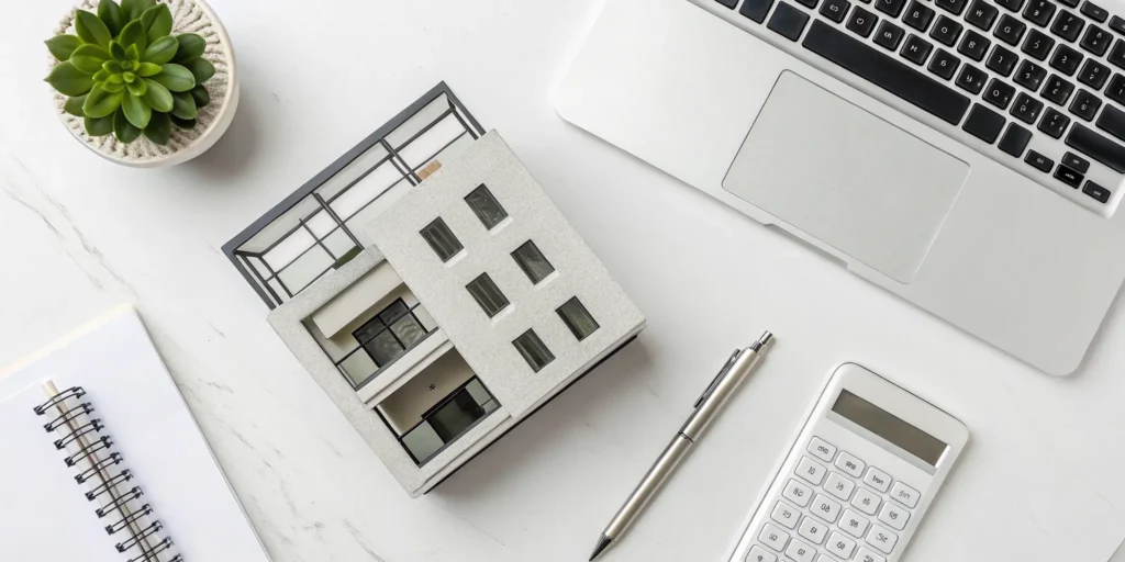 Real estate accounting best practices with a calculator, laptop, and house model.