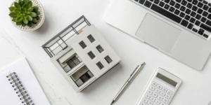 Real estate accounting best practices with a calculator, laptop, and house model.
