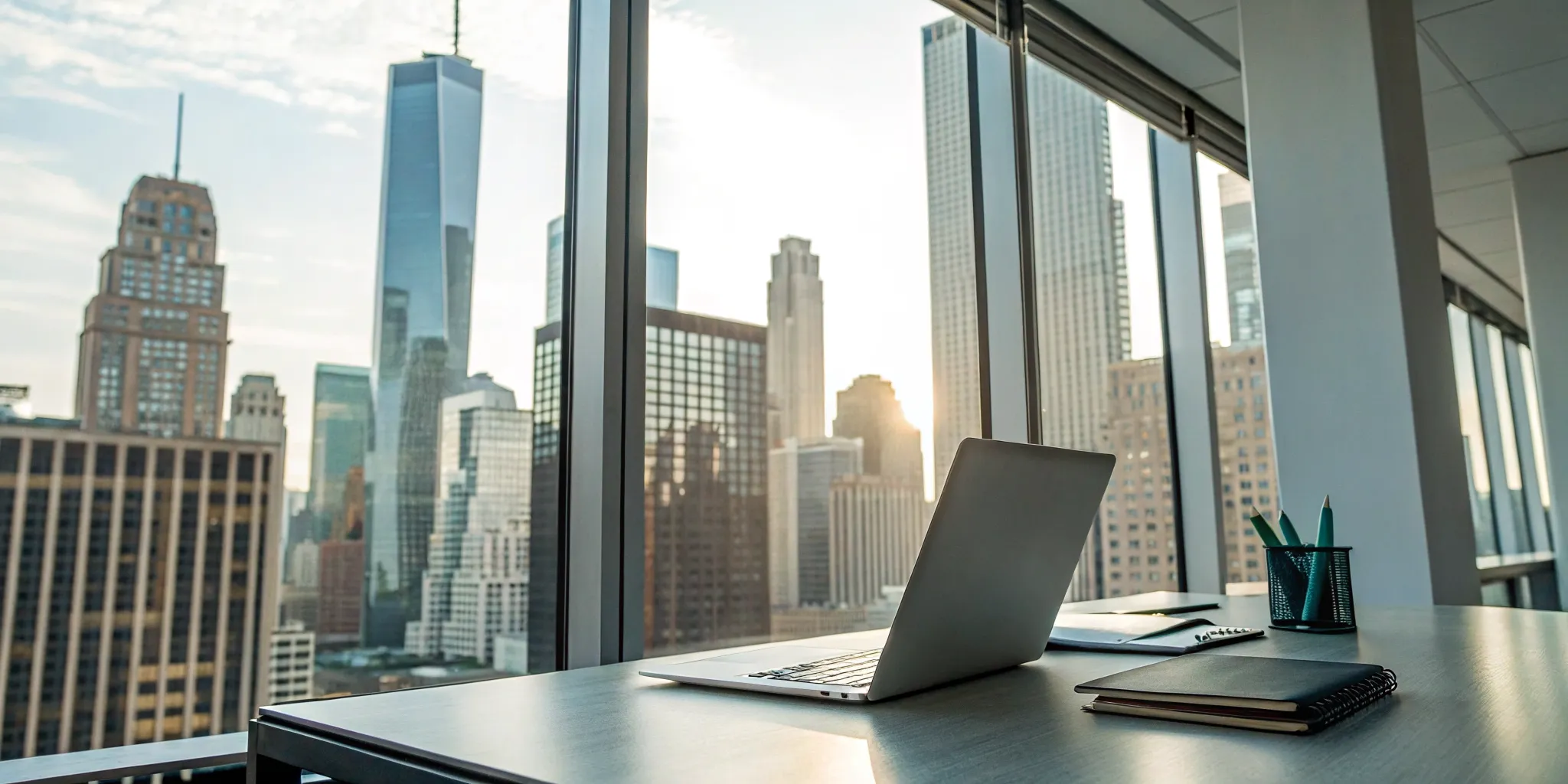A professional workspace for commercial real estate accounting services overlooking a city.