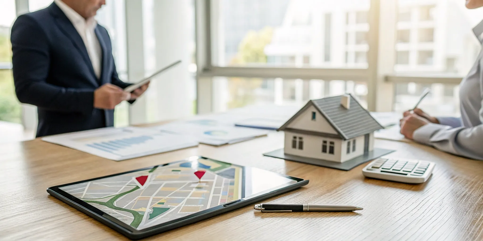 A real estate tax consultant uses a house model and calculator to plan a tax strategy with clients.