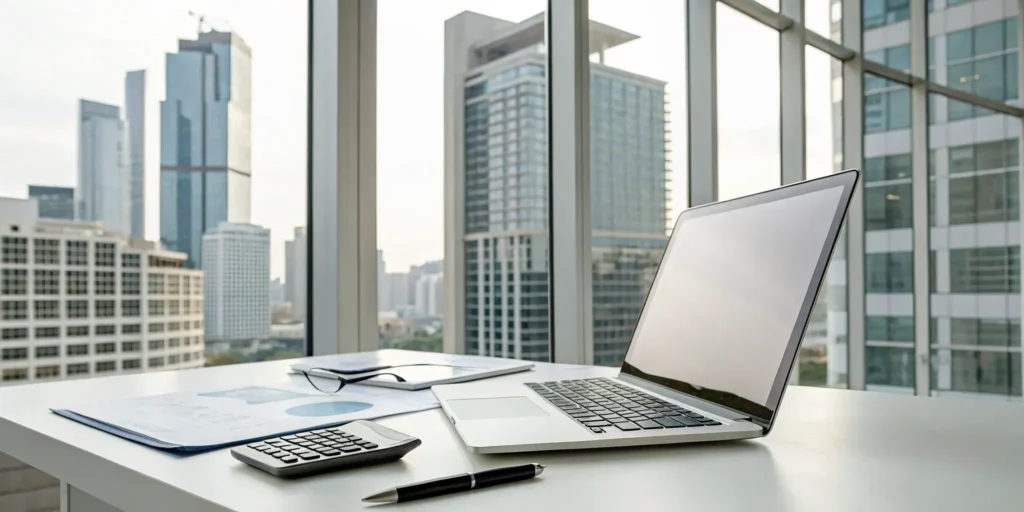 Office desk with financial documents for real estate accounting outsourcing overlooking a city.