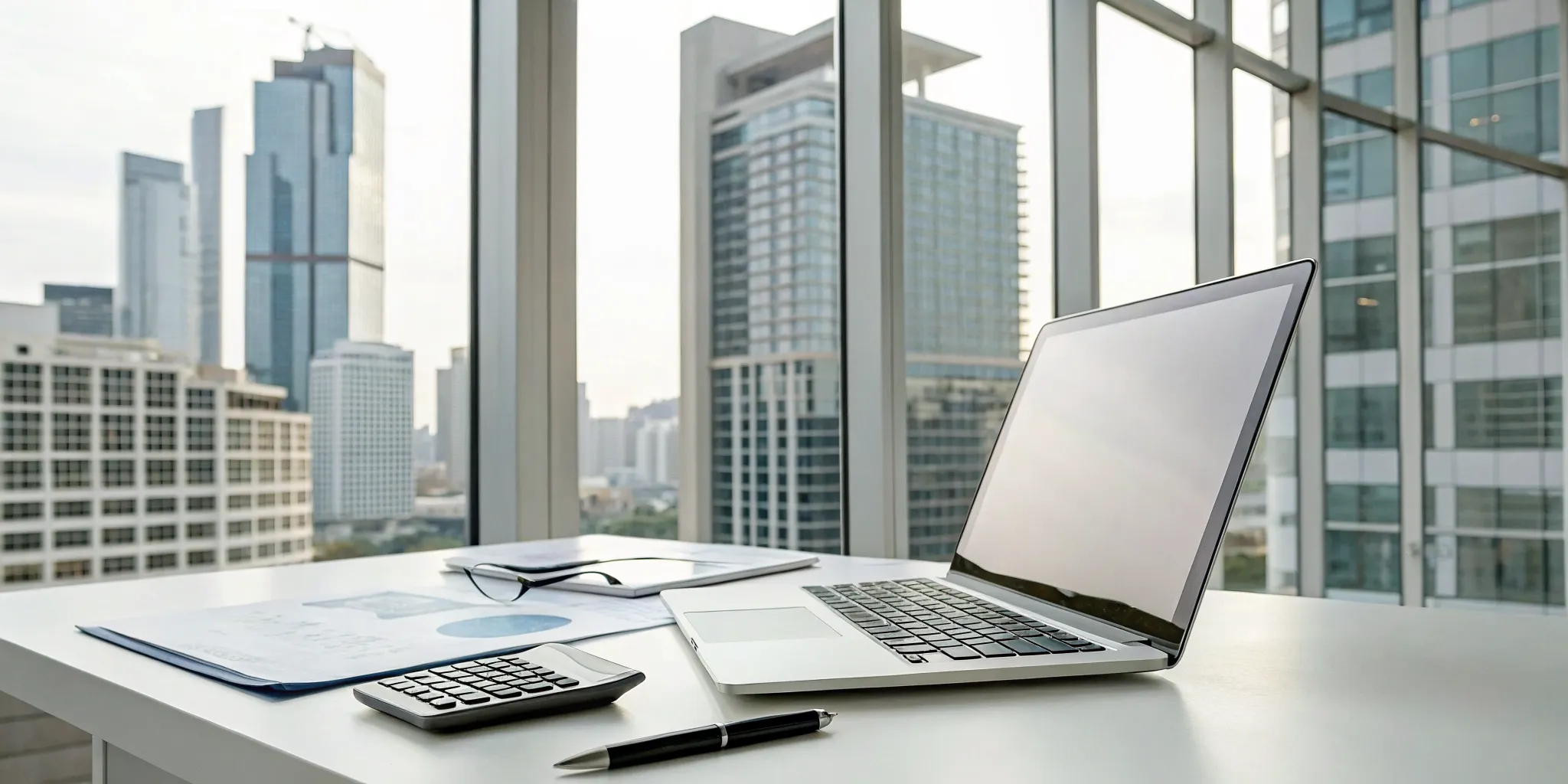 Office desk with financial documents for real estate accounting outsourcing overlooking a city.