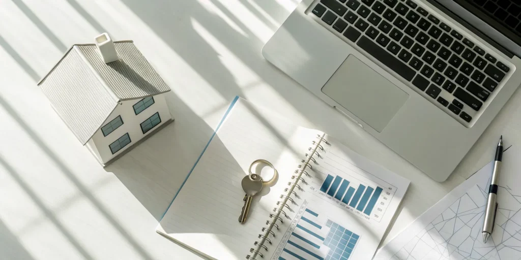 Real estate bookkeeping services with a house model, financial charts, and a laptop on a desk.
