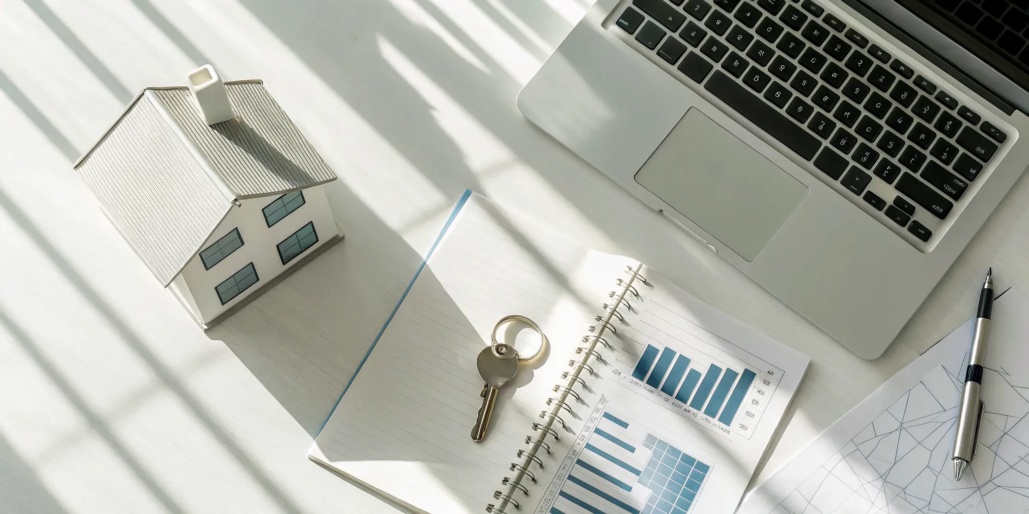 Real estate bookkeeping services with a house model, financial charts, and a laptop on a desk.